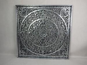 Závěsná dekorace - obraz MANDALA stříbrná černá, dřevo, ruční práce, 100x100 cm