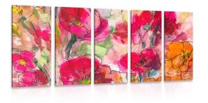5-dílný obraz malované květinové zátiší - 100x50 cm