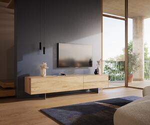 DELIFE TV stolek Cuor 220 cm keramika Laminam® Sabbia dubová 1 výklopná dvířka 2 zásuvky podnož závěsná nerezová ocel