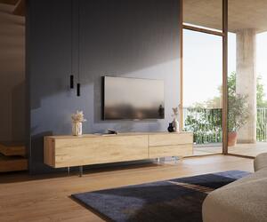DELIFE TV stolek Cuor 220 cm keramika Laminam® Sabbia dubová 1 výklopná dvířka 2 zásuvky podnož závěsná akrylglas