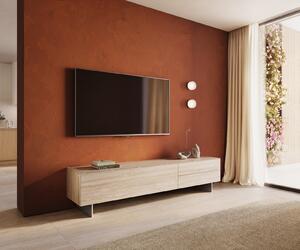 DELIFE TV stolek Cuor 220 cm keramika Laminam® Travertino Bianco krémově bílá 1 výklopná dvířka 2 zásuvky podnož závěsná nerezová ocel