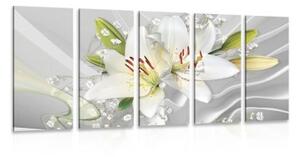 5-dílný obraz bílá lilie na zajímavém pozadí - 100x50 cm