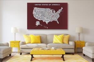 Obraz naučná mapa USA s bordovým pozadím - 60x40 cm