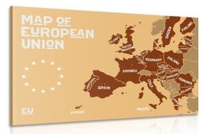 Obraz naučná mapa s názvy zemí evropské unie v odstínech hnědé - 90x60 cm