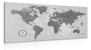 Obraz mapa světa s kompasem v retro stylu v černobílém provedení - 120x60 cm