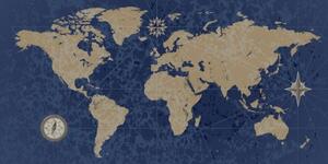 Obraz mapa světa s kompasem v retro stylu na modrém pozadí - 100x50 cm