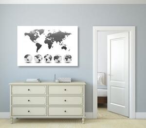 Obraz globusy s mapou světa v černobílém provedení - 60x40 cm