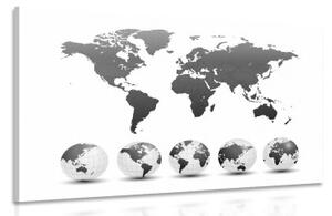 Obraz globusy s mapou světa v černobílém provedení - 120x80 cm