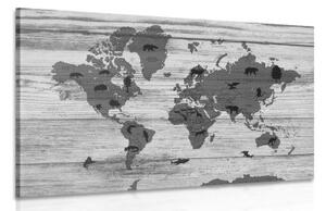 Obraz černobílá mapa na dřevěném podkladu - 60x40 cm