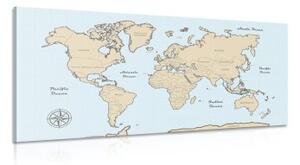 Obraz béžová mapa světa na modrém pozadí - 100x50 cm