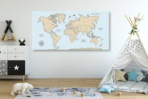 Obraz béžová mapa světa na modrém pozadí - 100x50 cm