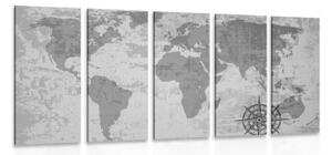 5-dílný obraz stará mapa světa s kompasem v černobílém provedení - 100x50 cm