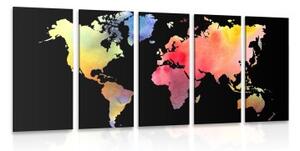 5-dílný obraz mapa světa v akvarelový provedení na černém pozadí - 100x50 cm