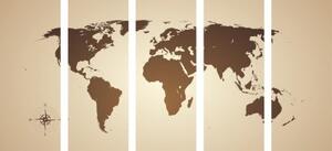 5-dílný obraz mapa světa v odstínech hnědé - 100x50 cm