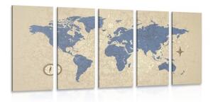 5-dílný obraz mapa světa s kompasem v retro stylu - 100x50 cm