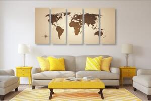 5-dílný obraz mapa světa v odstínech hnědé - 100x50 cm