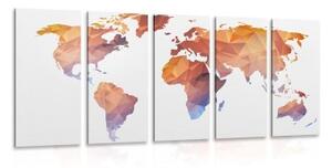 5-dílný obraz polygonální mapa světa v odstínech oranžové - 100x50 cm