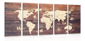5-dílný obraz mapa na dřevě - 100x50 cm
