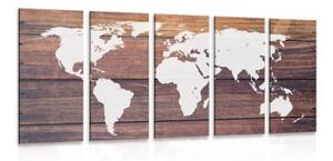 5-dílný obraz mapa světa s dřevěným pozadím - 200x100 cm