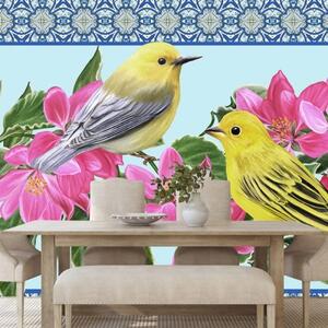 Tapeta vtáčiky a kvety vo vintage prevedení - 375x250 cm