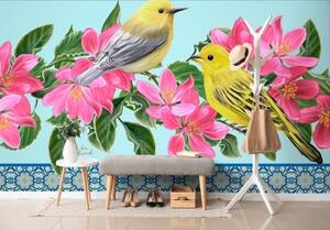 Tapeta vtáčiky a kvety vo vintage prevedení - 150x100 cm