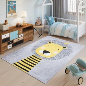 Makro Abra Dětský kusový koberec vhodný k praní BAMBINO 2028 Lvíček protiskluzový šedý žlutý Rozměr: 140x200 cm