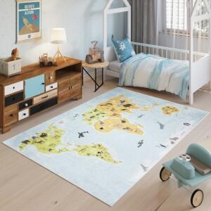 Makro Abra Dětský kusový koberec vhodný k praní BAMBINO 2763 Mapa světa protiskluzový modrý Rozměr: 140x200 cm