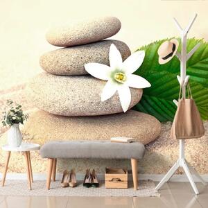 Samolepící fototapeta bílý květ a kameny v písku - 300x200 cm