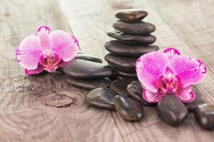 Fototapeta orchidej a Zen kameny na dřevě - 300x200 cm