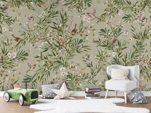 FUGU Tapeta s ptáčky a květinami - Playful Robins green Materiál: Digitální eko vlies - klasická tapeta nesamolepicí