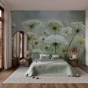 Fototapety jemné bílé divoké květiny Queen Anne, v malebném stylu, zelené tóny, Fototapety akvarel, w04313 : uwalls.cz