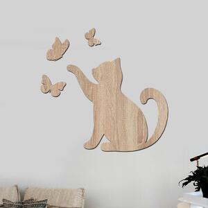 Dřevo života | Dřevěná dekorace Kočka s motýlky | Rozměry (cm): 60x57 | Barva: Světlý dub