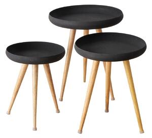 Kávové stolky v loftovém stylu s černou deskou a nohama z mangového dřeva MASDOUR, 3 ks