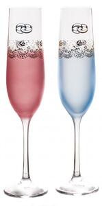 Sklenice na šampaňské, růžová a modrá se vzorem prstýnku, Crystalex, VIOLA 190 ml