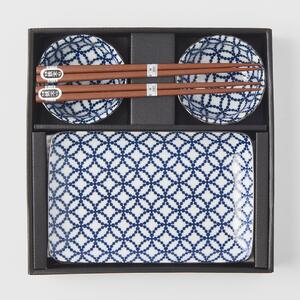 Made in Japan (MIJ) Sushi Set Blue & White with Geometric Symbol 4 ks s hůlkami