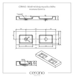 CERANO - Nástěnné dvojumyvadlo z litého mramoru Geminia s podpěrnou konzolí - bílá matná/černá matná - 133x46x45 cm