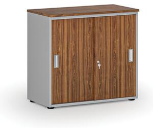 Kancelářská skříň se zasouvacími dveřmi PRIMO GRAY, 740 x 800 x 420 mm, šedá/ořech