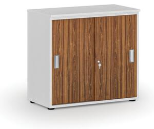 Kancelářská skříň se zasouvacími dveřmi PRIMO WHITE, 740 x 800 x 420 mm, bílá/ořech