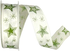 Stuha vánoční CHRISTMAS GREEN STARS Bílá 25mm x 3m (9,-Kč/m)