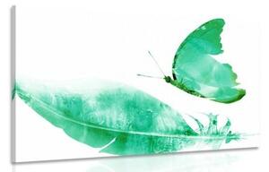 Obraz pírko s motýlem v zeleném provedení - 90x60 cm