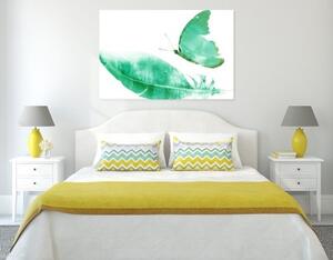 Obraz pírko s motýlem v zeleném provedení - 60x40 cm