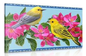Obraz ptáčky a květiny ve vintage provedení - 60x40 cm