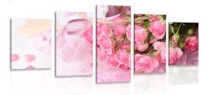5-dílný obraz romantická růžová kytice růží - 100x50 cm