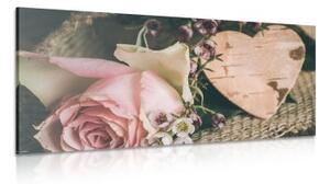 Obraz růže a srdíčko ve vintage provedení - 100x50 cm
