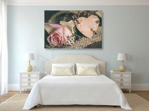 Obraz růže a srdíčko v jutě - 60x40 cm