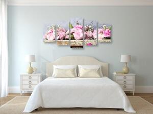5-dílný obraz květiny karafiátu v dřevěné bedničce - 100x50 cm