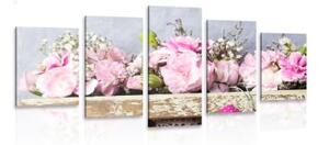5-dílný obraz květiny karafiátu v dřevěné bedničce - 100x50 cm