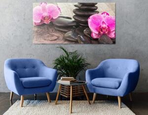 Obraz orchidej a Zen kameny na dřevěném podkladu - 100x50 cm