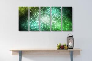 5-dílný obraz Mandala s galaktickým pozadím v odstínech zelené - 100x50 cm