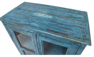 Prosklená skříň z teakového dřeva, tyrkysová patina, 86x46x111cm
